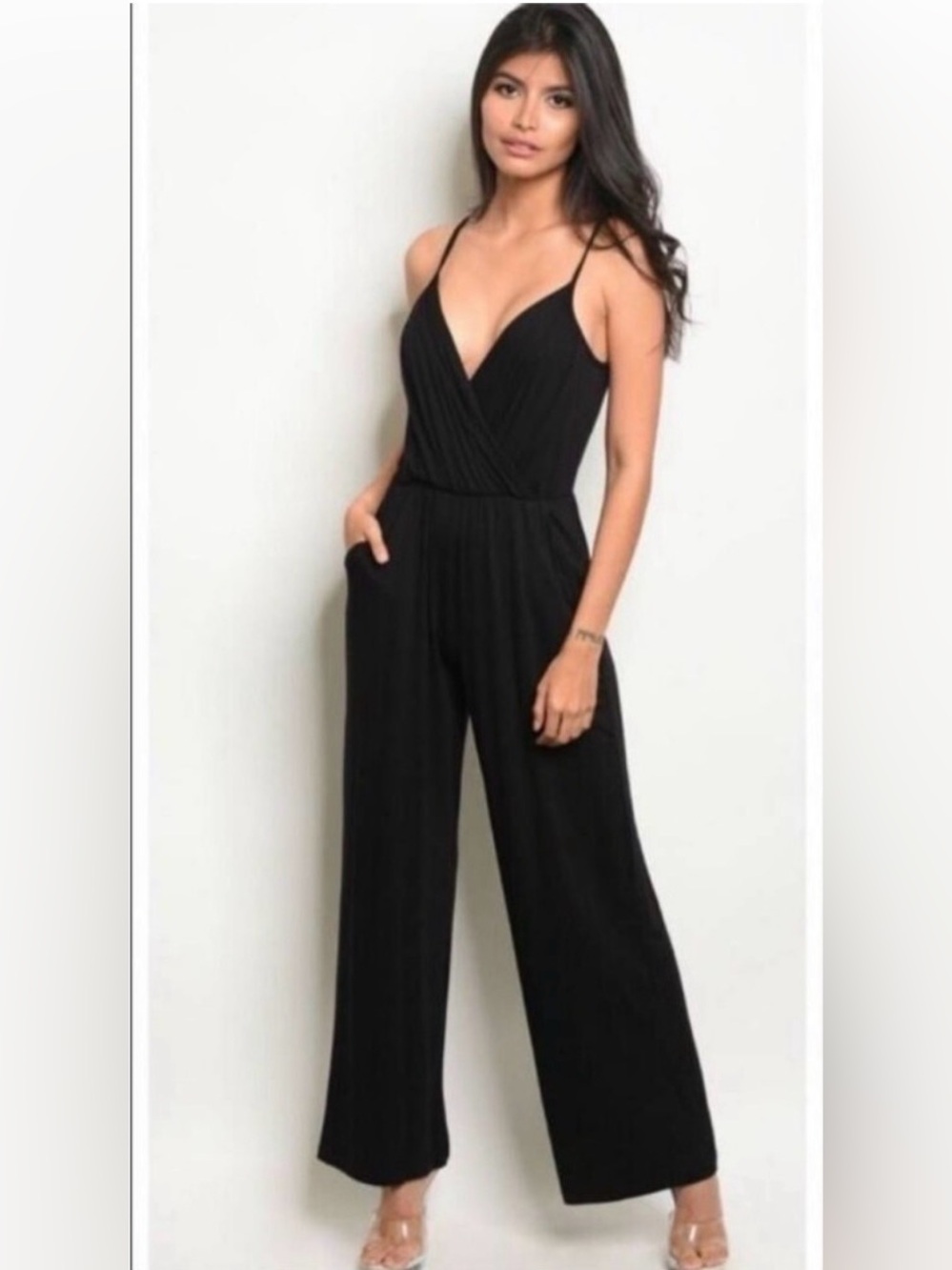 Women’s Black Wide-Leg Jumpsuit with Spaghetti Straps & Removable Braided Belt